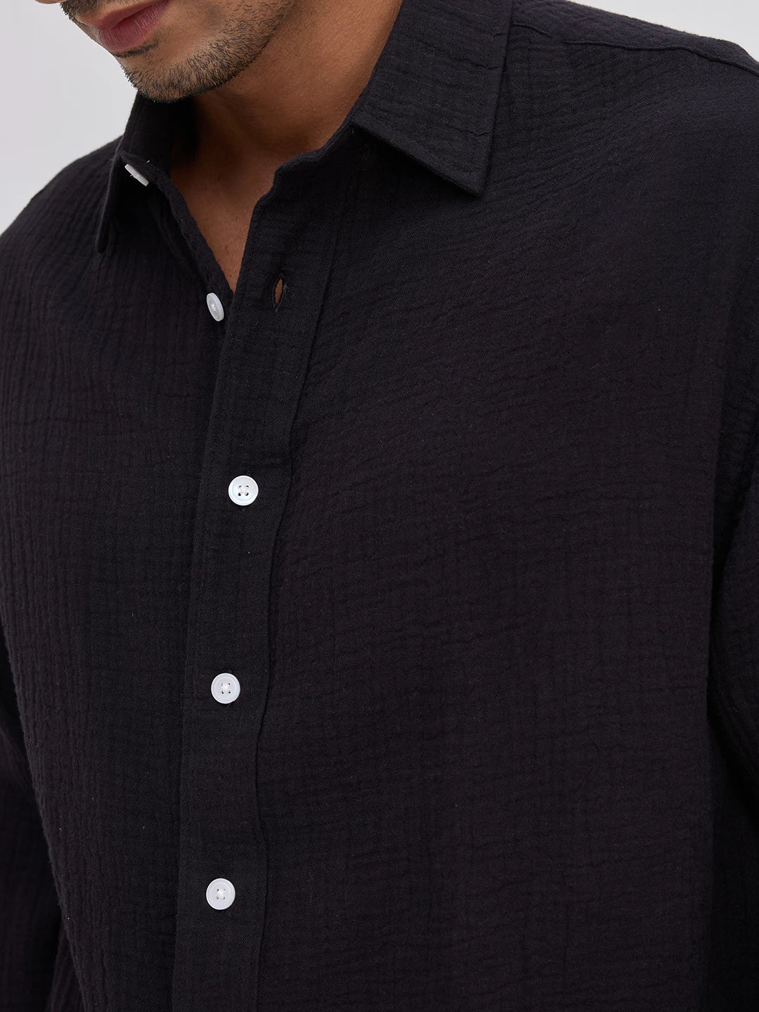 Charming Black Double Cloth Boxy Fit Crop Shirt