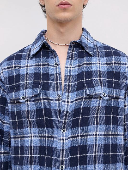 Blue Tartan Checkered Double Pocket Flannel Shirt