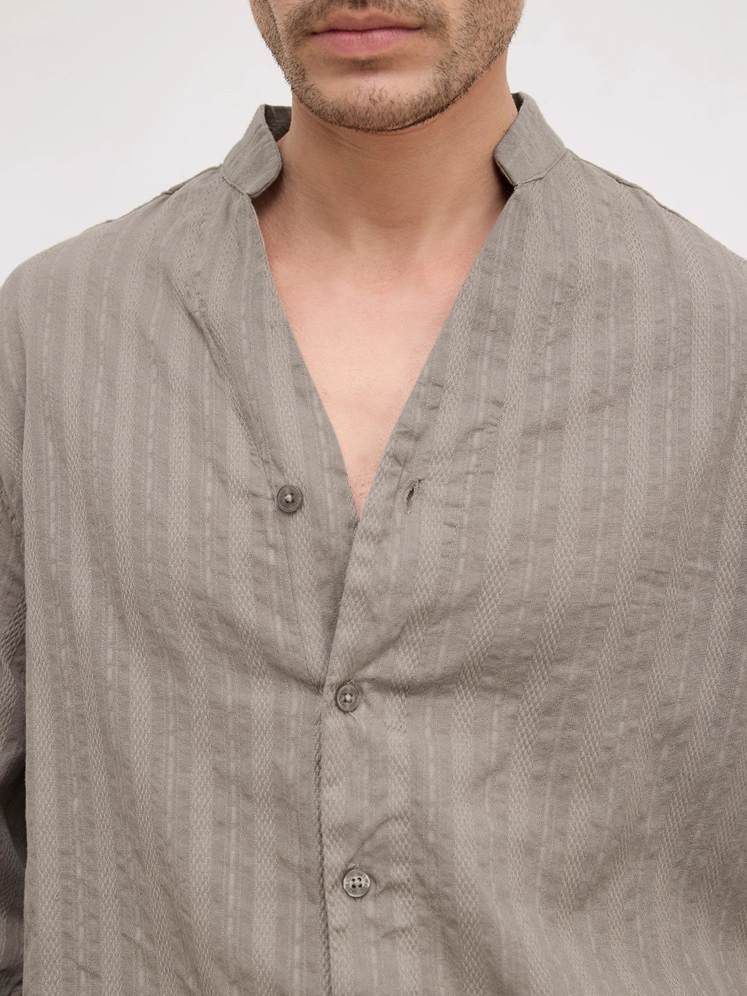 Detailed Olive Striped Stand Collar Oversized Shirt