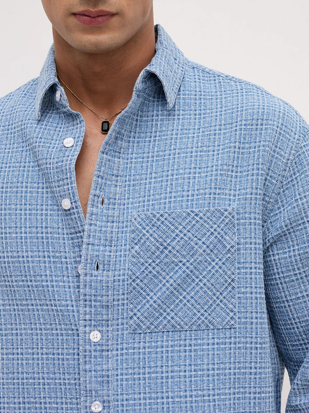 Abstract Denim Crosshatch Woven Boxy Fit Crop Shirt
