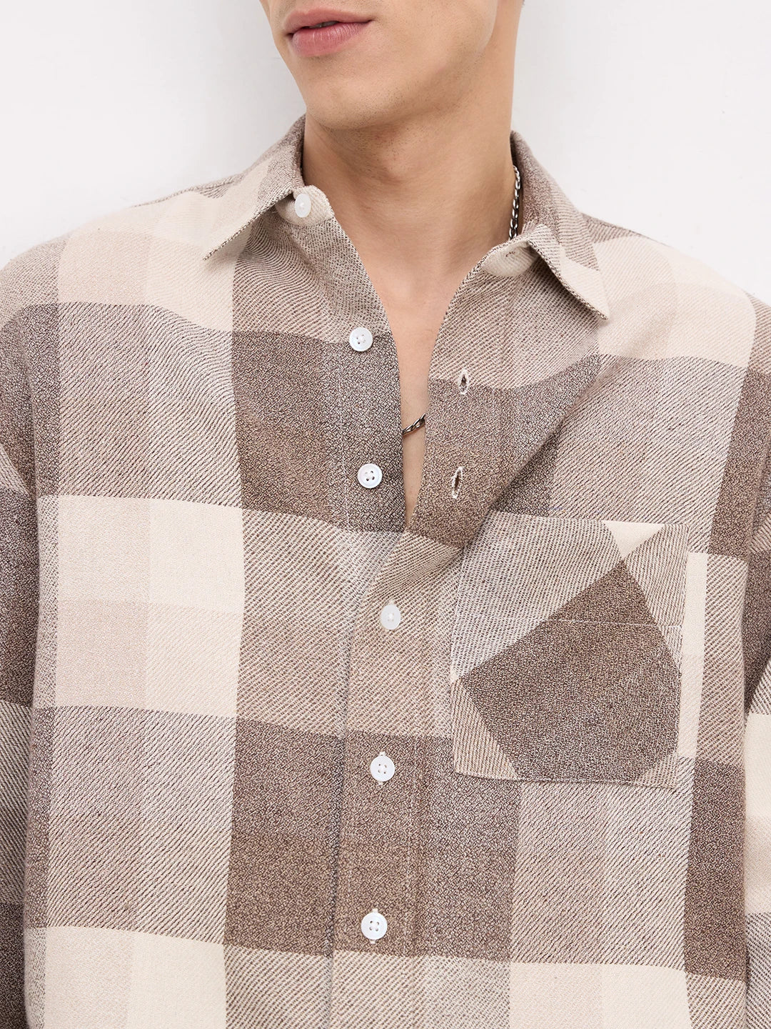Beige & Brown Square Flannel Checks Boxy Fit Crop Shirt