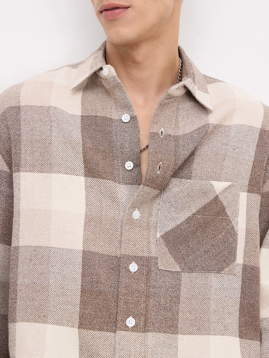 Beige & Brown Square Flannel Checks Boxy Fit Crop Shirt