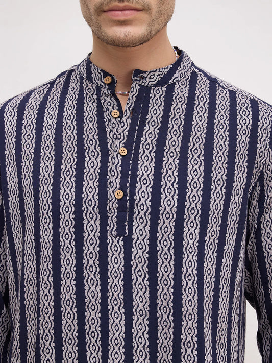 Navy & White Ethnic Motifs Printed Kurta