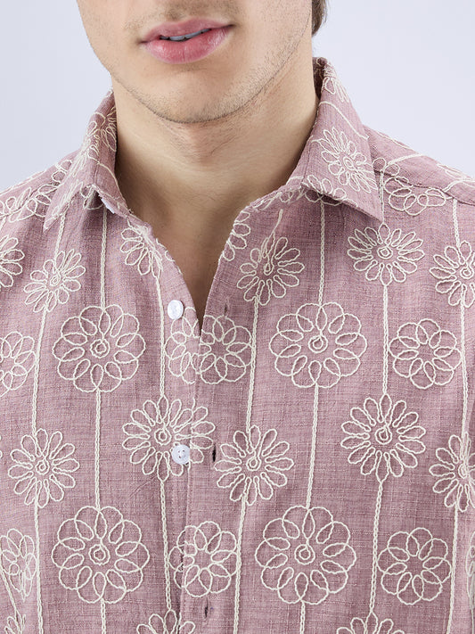 Rouge Pink Floral Embroidered Slub Shirt