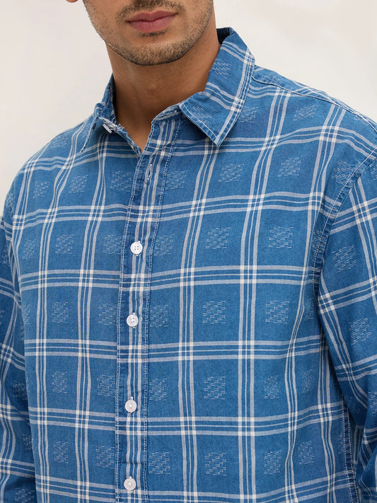 Denim Contrast Frame Checks Boxy Fit Crop Shirt