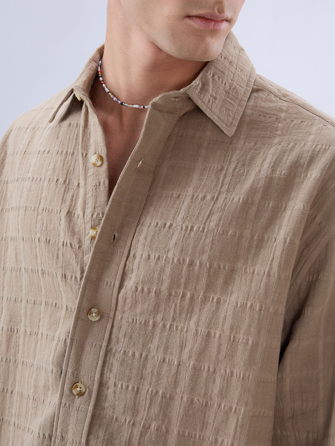 Khaki Grid Textured Story Boxy Fit Crop Shirt