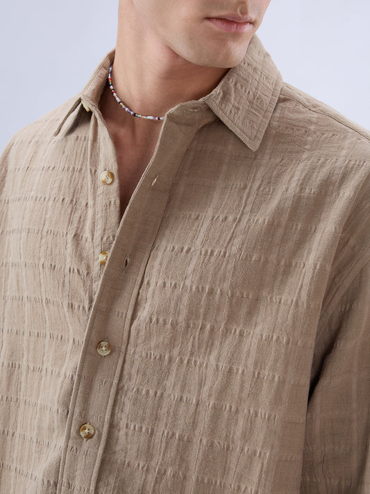 Khaki Grid Textured Story Boxy Fit Crop Shirt