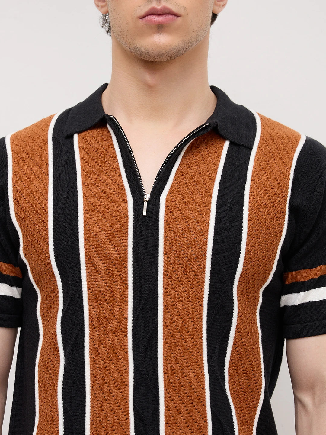 Rust Artisian Panel Striped Polo Zip Flat Knit T-shirt