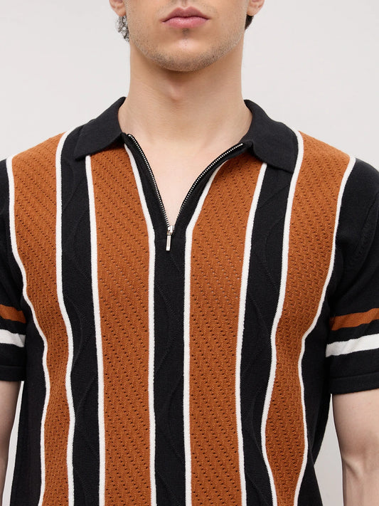 Rust Artisian Panel Striped Polo Zip Flat Knit T-shirt