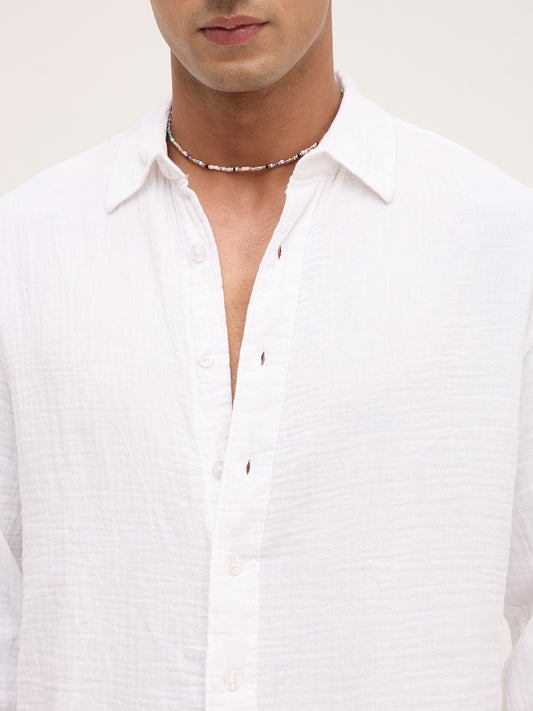 Cloud White Double Cloth Boxy Fit Crop Shirt