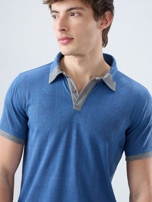 Denim Blue Constrast Polo Neck Knit T-shirt