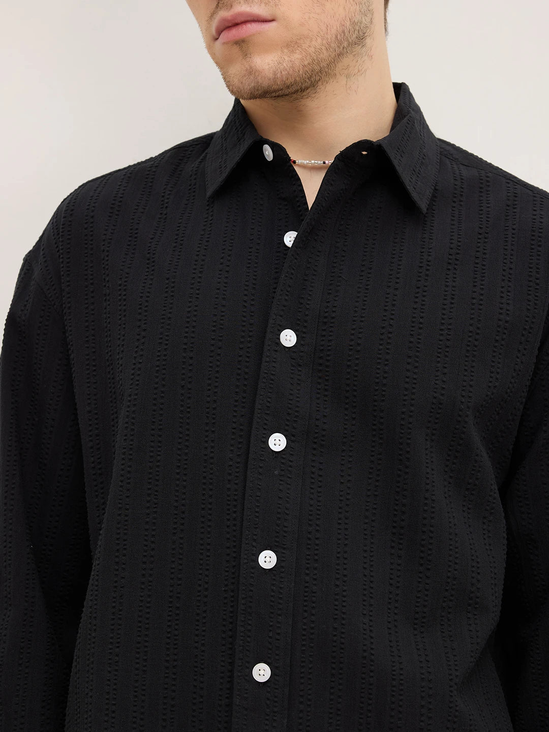 Elegant Black Seersucker Striped Boxy Fit Crop Shirt