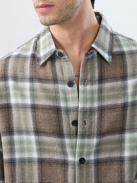 Brown & Olive Retro Contrast Checks Boxy Fit Crop Shirt