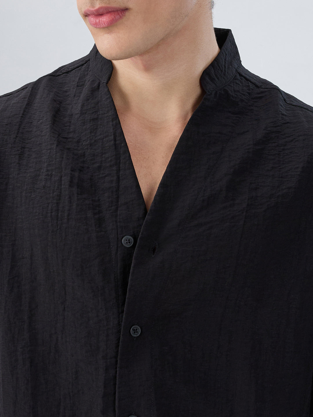 Ink Black Textured Stand Collar Oversized Shirt