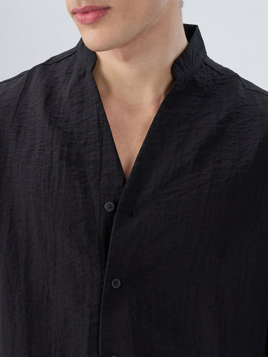Ink Black Textured Stand Collar Oversized Shirt