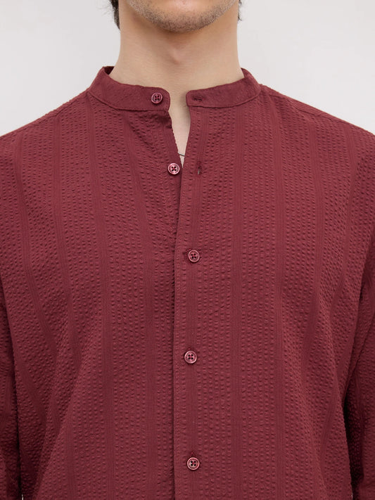 Brick Red Seersucker Striped Mandarin Shirt