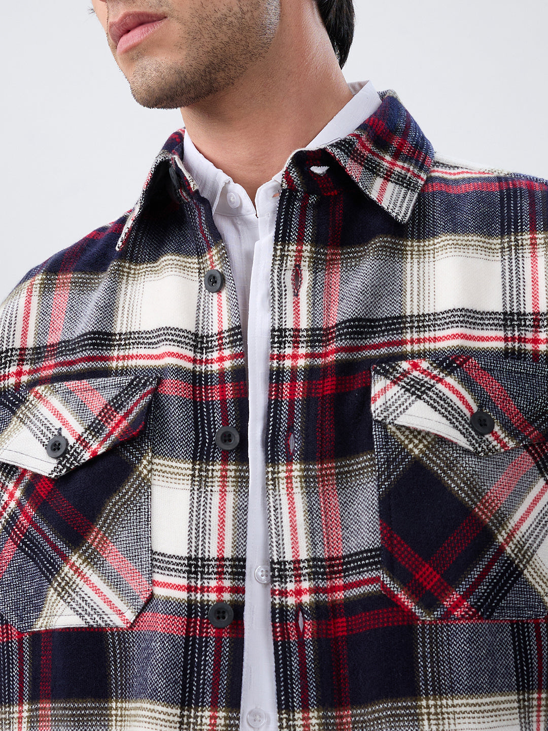 Elevated Crimson Black Winter Checks Double Pocket Flannel Shirt