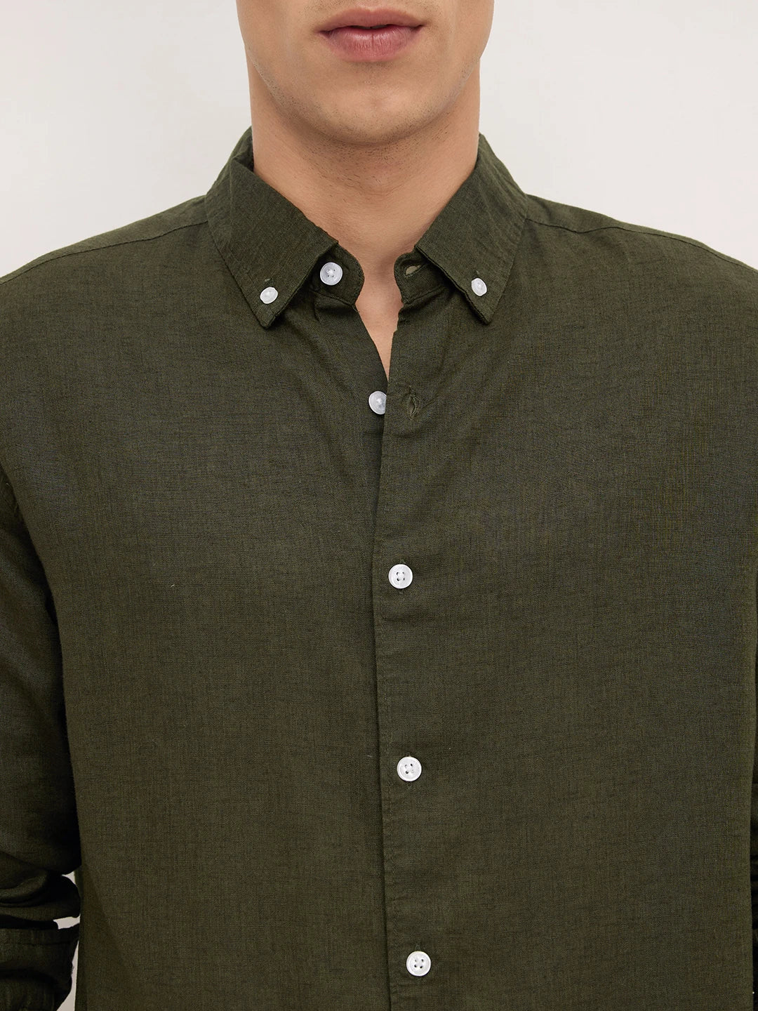 Forest Green Button-Down Collar Linen Blend Shirt