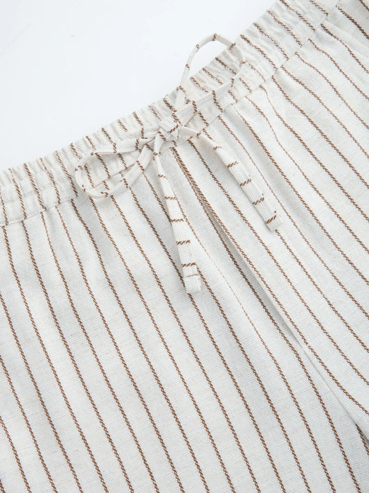 Artistic Ivory & Brown Burlap Striped Straight Fit Trousers