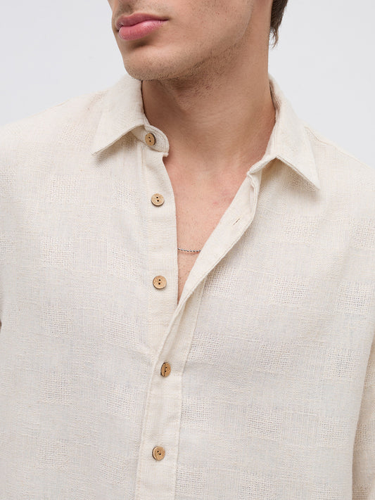 Natural Beige Grain Loom Linen Blend Boxy Fit Crop Shirt