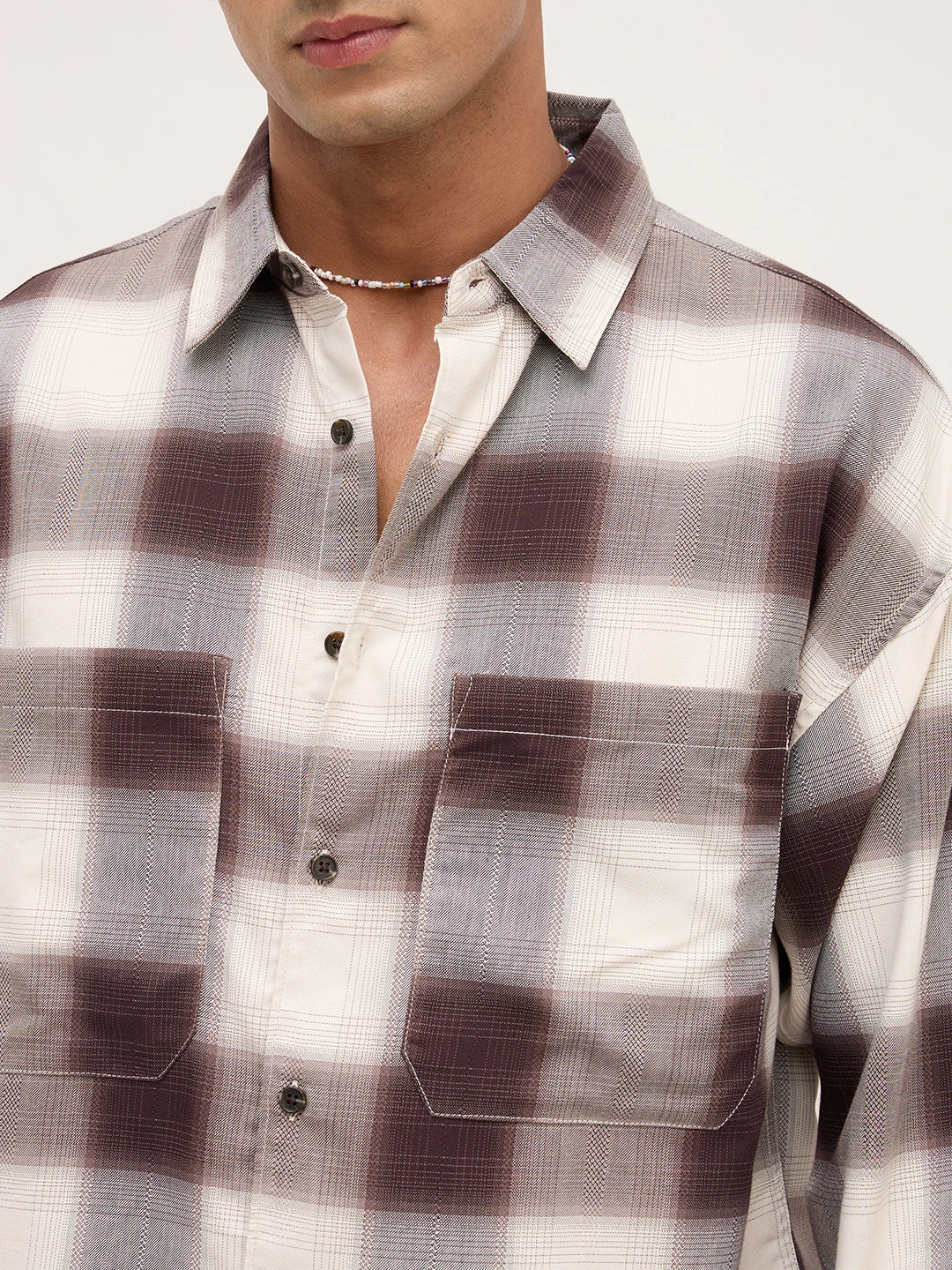 Brown & Grey Shadow Checks Boxy Fit Crop Utility Shirt