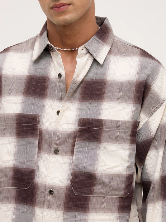 Brown & Grey Shadow Checks Boxy Fit Crop Utility Shirt