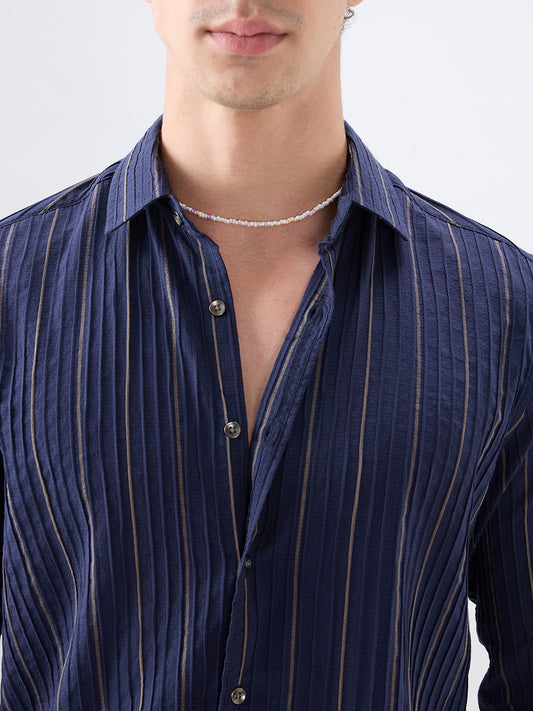Intricate Navy & Olive Raised Striped Shirt