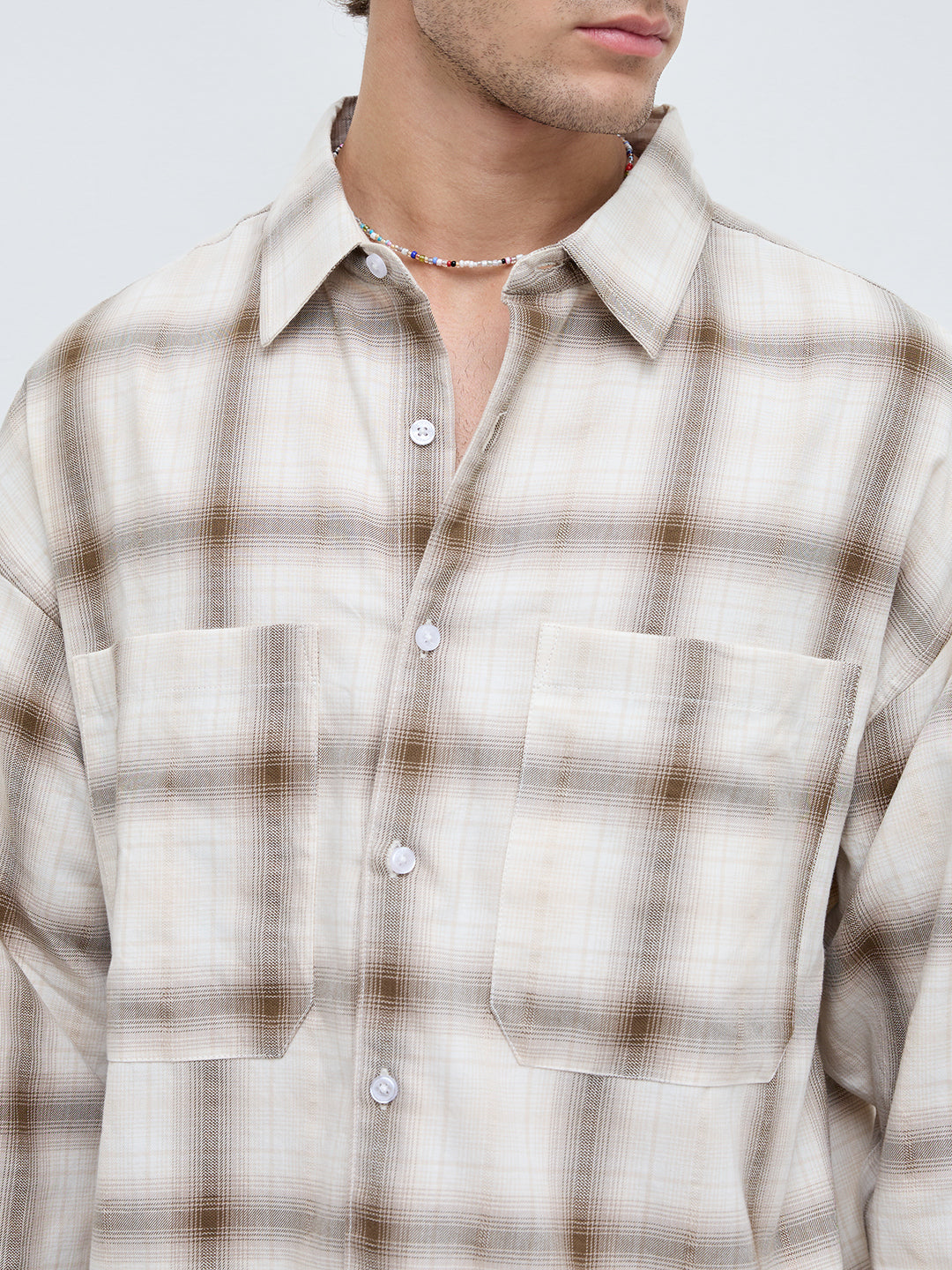 Beige & Brown Twin Pocket Boxy Fit Crop Shirt