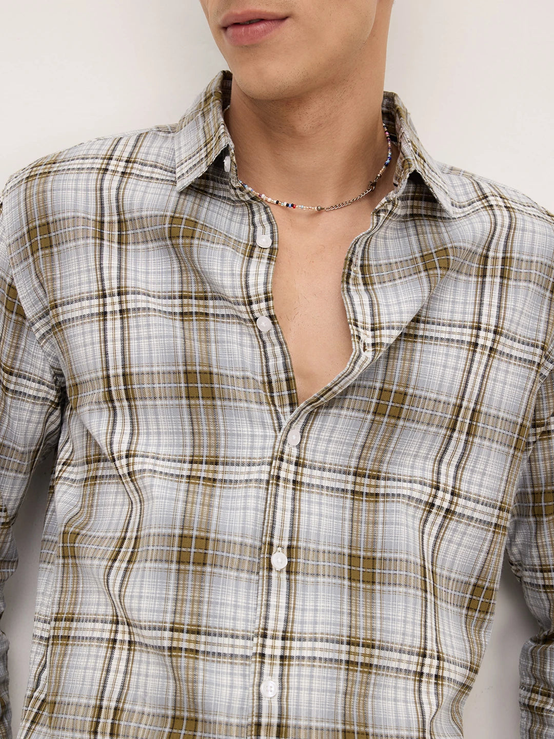 Olive & Grey Fine Striped Plaid Checks Shirt