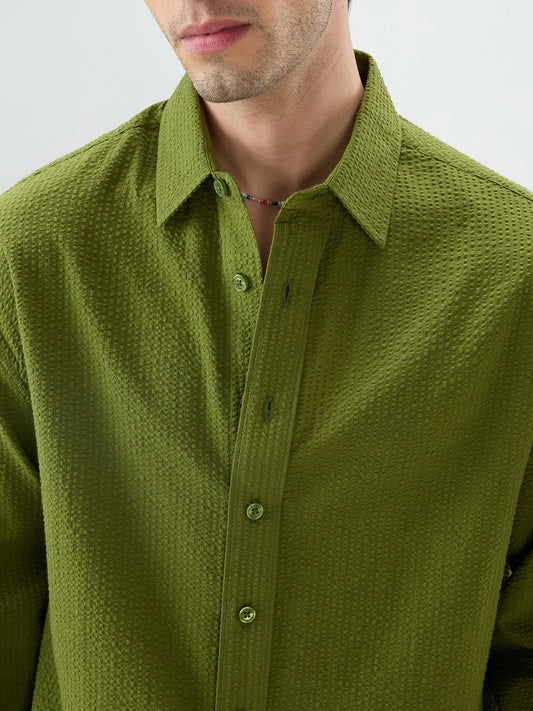 Basil Green Seersucker Striped Boxy Fit Crop Shirt