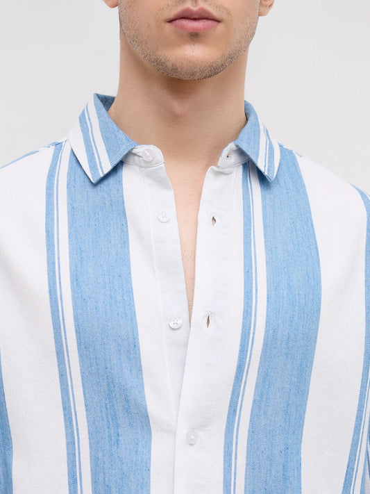 Denim Broad Stripes Oversized Cuffless Shirt