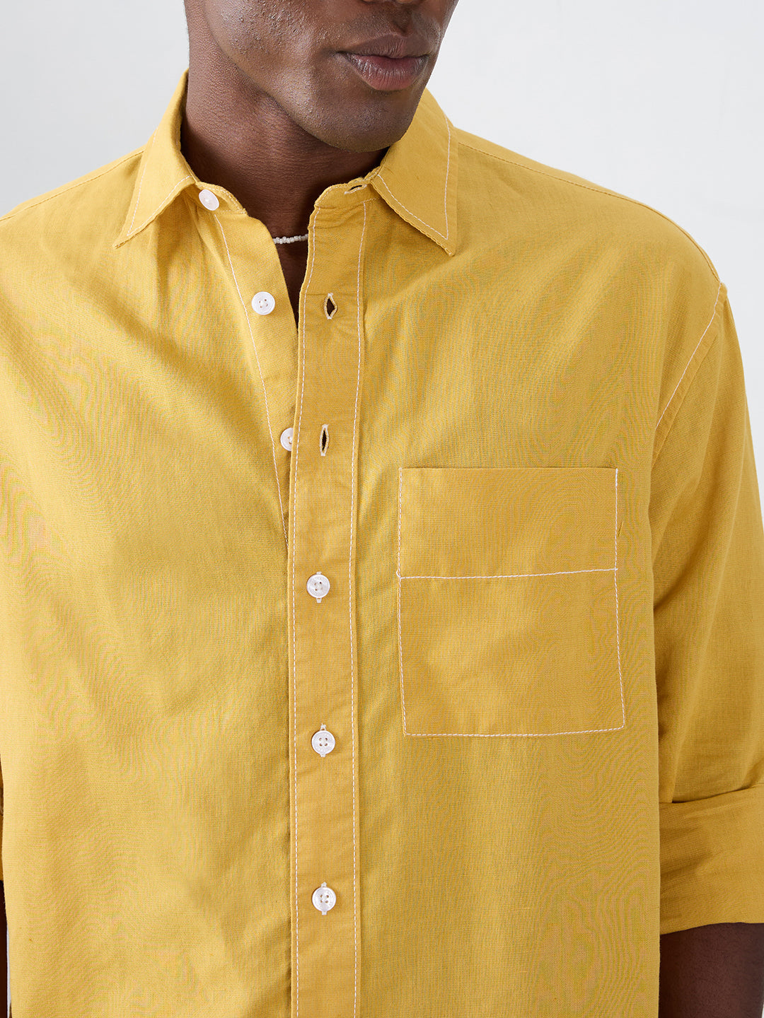 Luxe Mustard Contrast Stitch Linen Blend Boxy Fit Crop Shirt