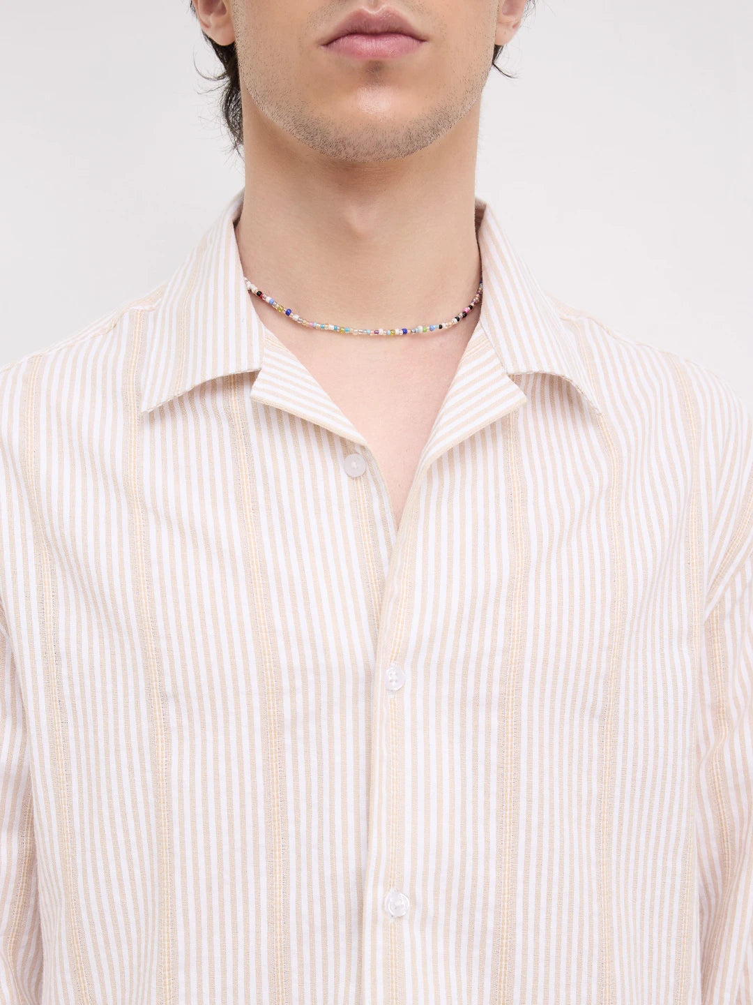 Luxe Beige Candy Striped Notch Collar Oversized Shirt