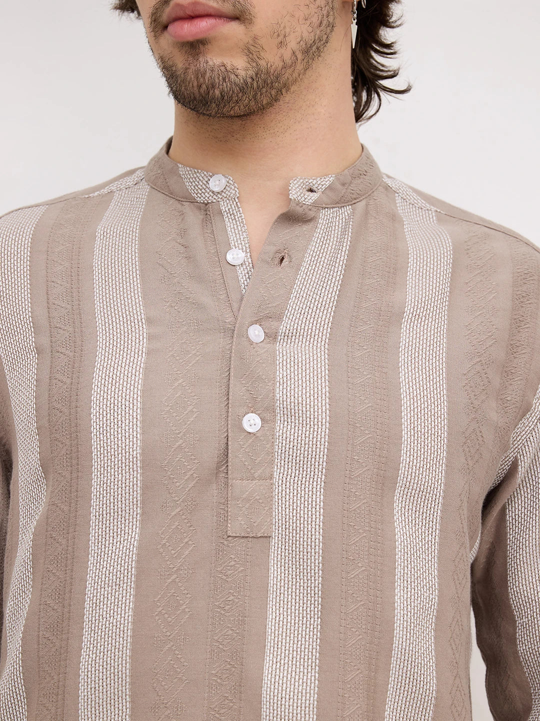 British Khaki Artisan Contrast Loom Striped Kurta