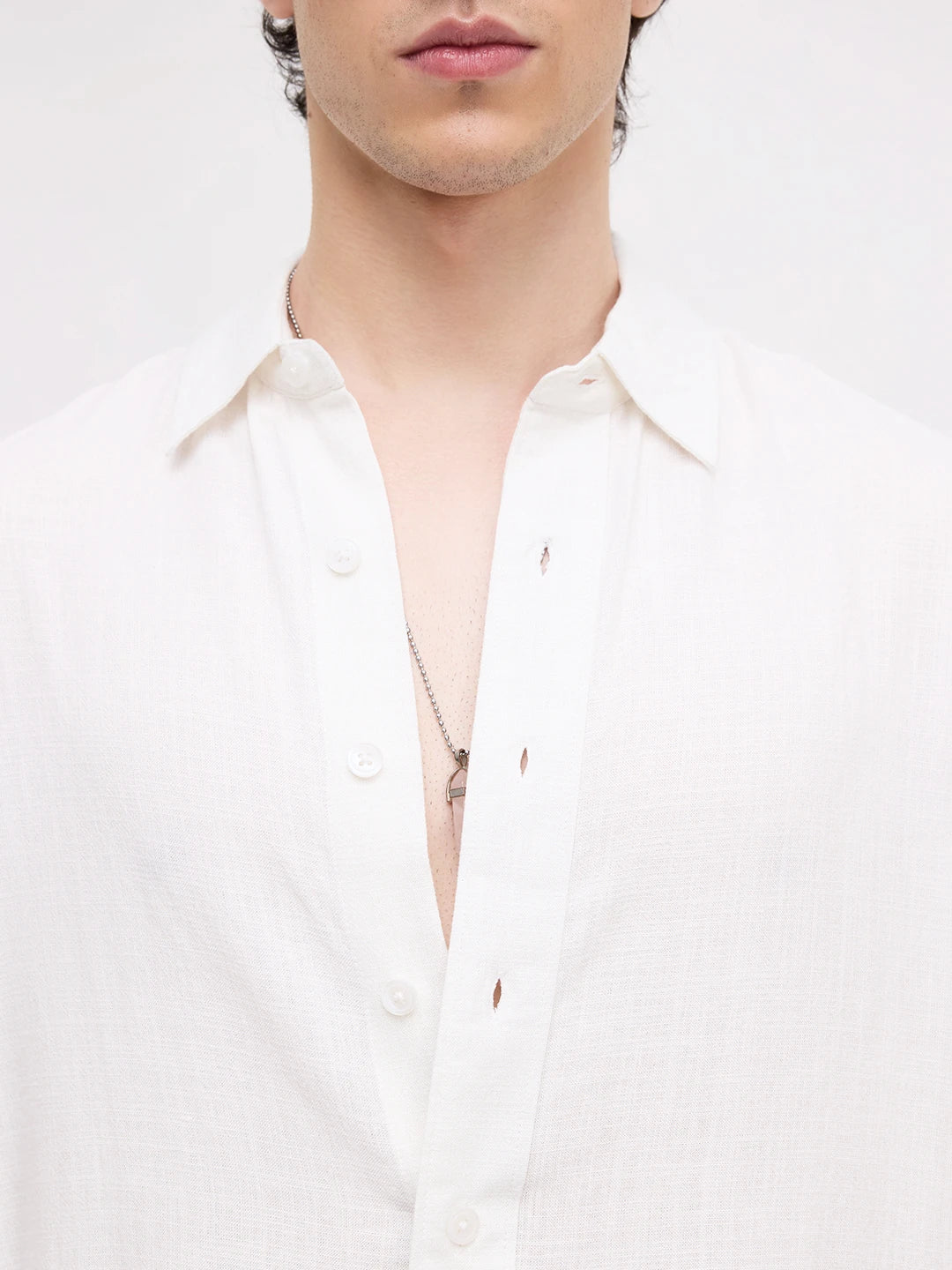 Pearl White Grid Textured Boxy Fit Crop Shirt