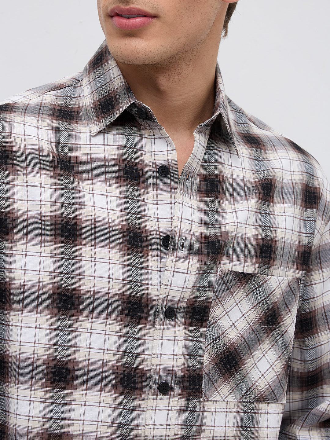 Brown & Ivory Crosshatch Checks Boxy Fit Crop Shirt