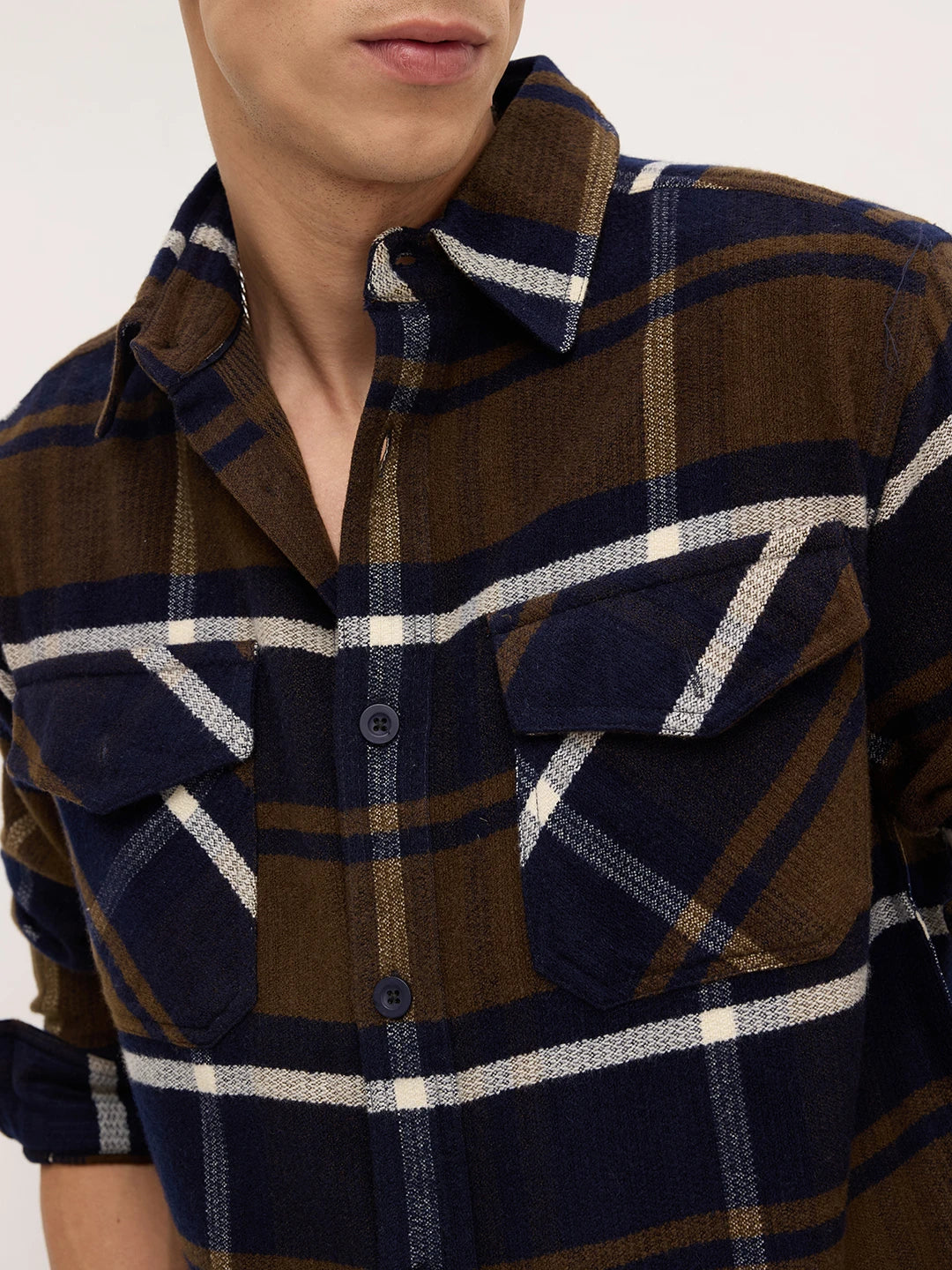 Walnut Brown & Navy Plaid Checks Double Pocket Flannel Shirt