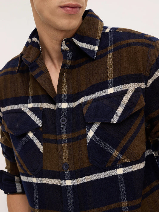 Walnut Brown & Navy Plaid Checks Double Pocket Flannel Shirt