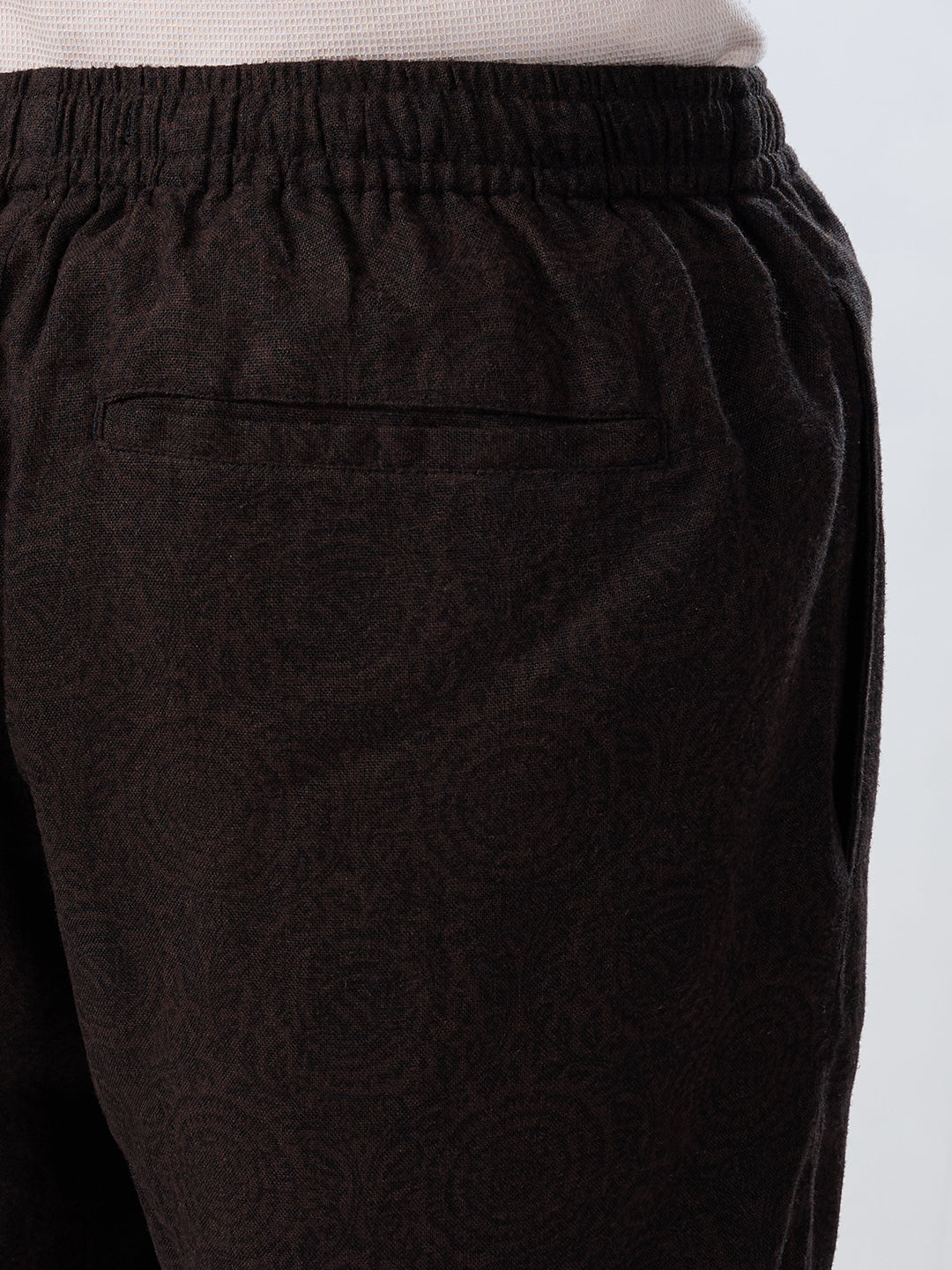 Brown Linen Blend Motif Printed Wide-Leg Trousers