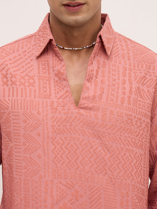 Intricate Soft Coral Textured Oversized Polo Neck Shirt