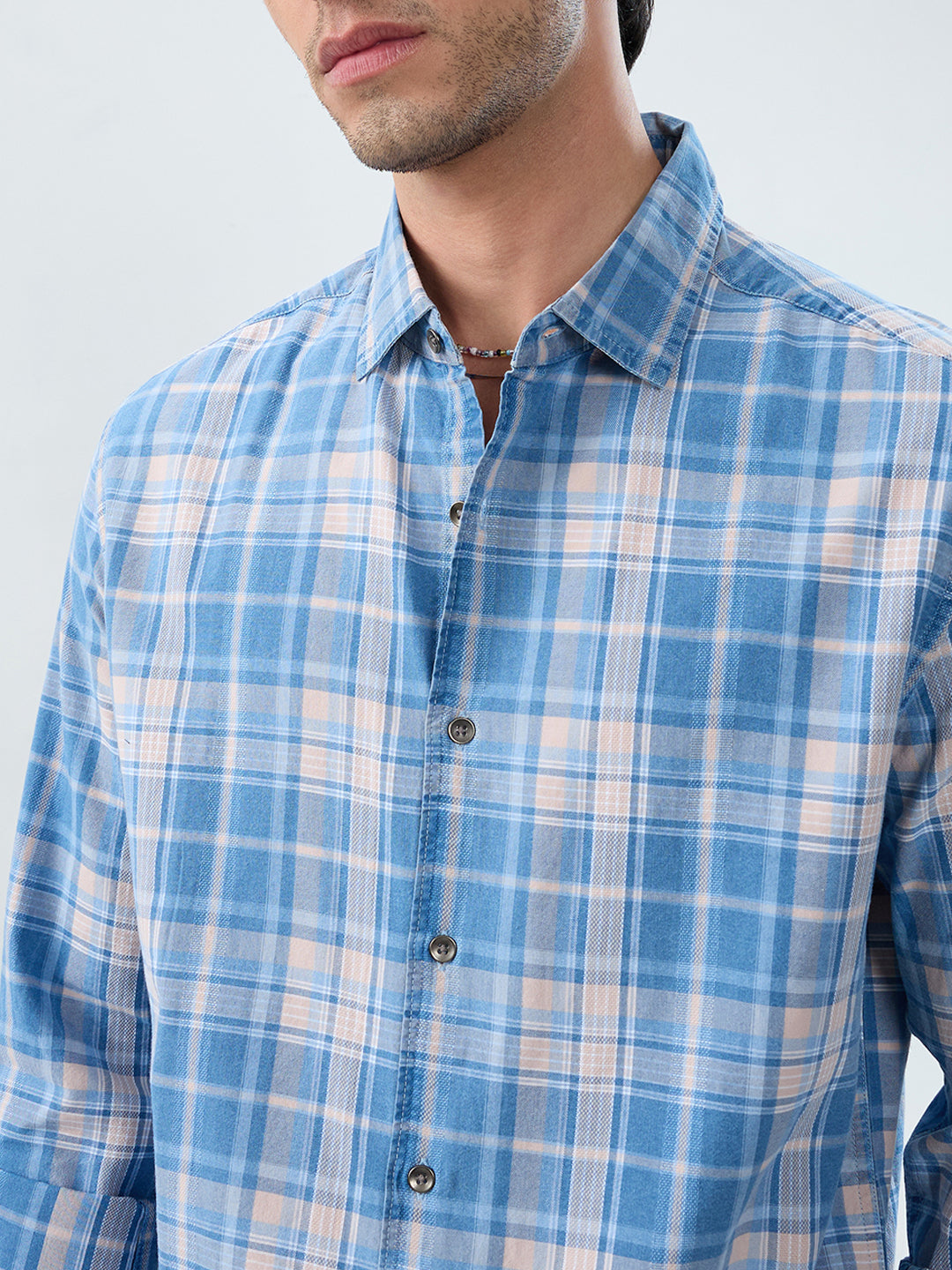Denim Blue & Peach Plaid Checks Shirt
