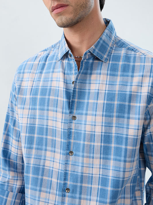 Denim Blue & Peach Plaid Checks Shirt