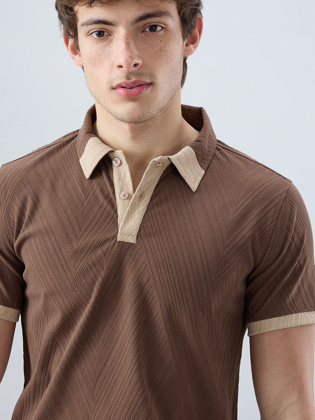 Coffee Brown Contrast Polo Neck Knit T-shirt