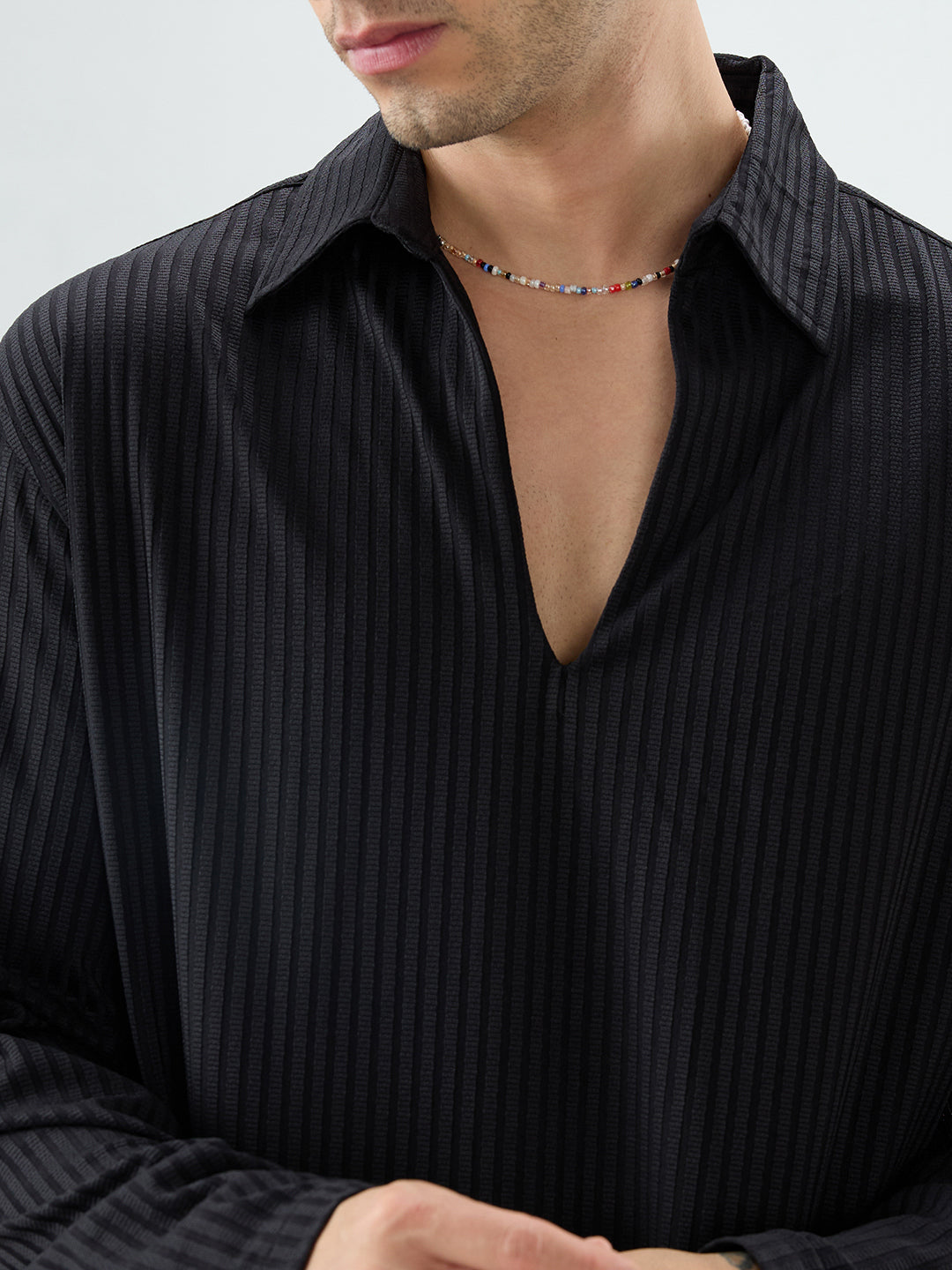 Black Dual Weave Striped Oversized Polo Knit Shirt