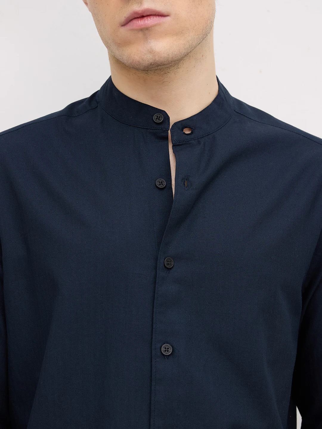Classic Navy Herringbone Textured Mandarin Shirt