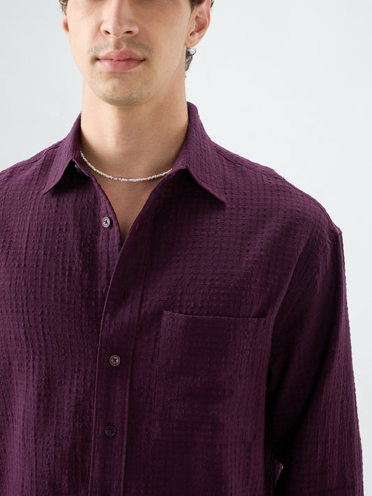 Wine Micro Box Textured Boxy Fit Crop Shirt