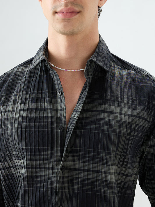 Black & Olive Plaid Checks Textured Shirt
