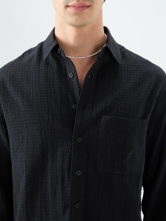 Deep Black Grid Jacquard Weave Boxy Fit Crop Shirt