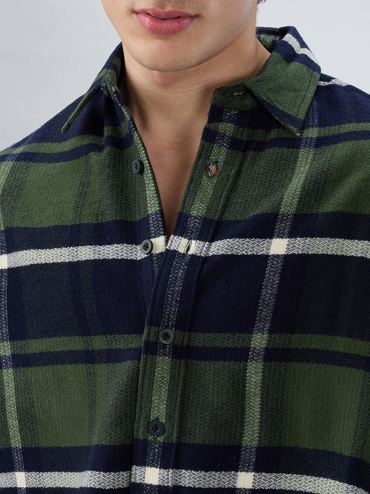 Olive & Navy Checked Boxy Fit Crop Flannel Shirt