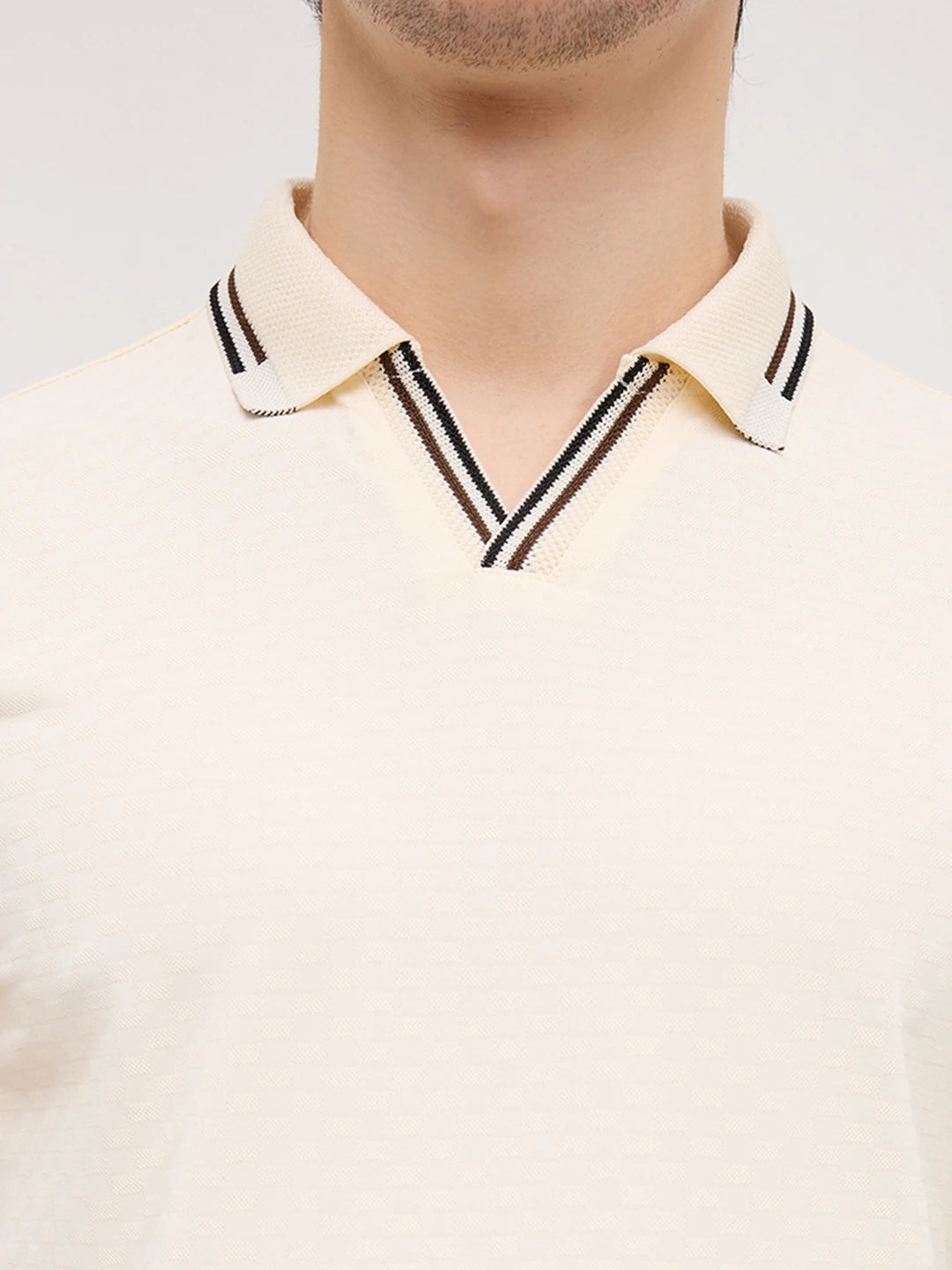 Ivory Contrast Stripe Textured Polo Tee